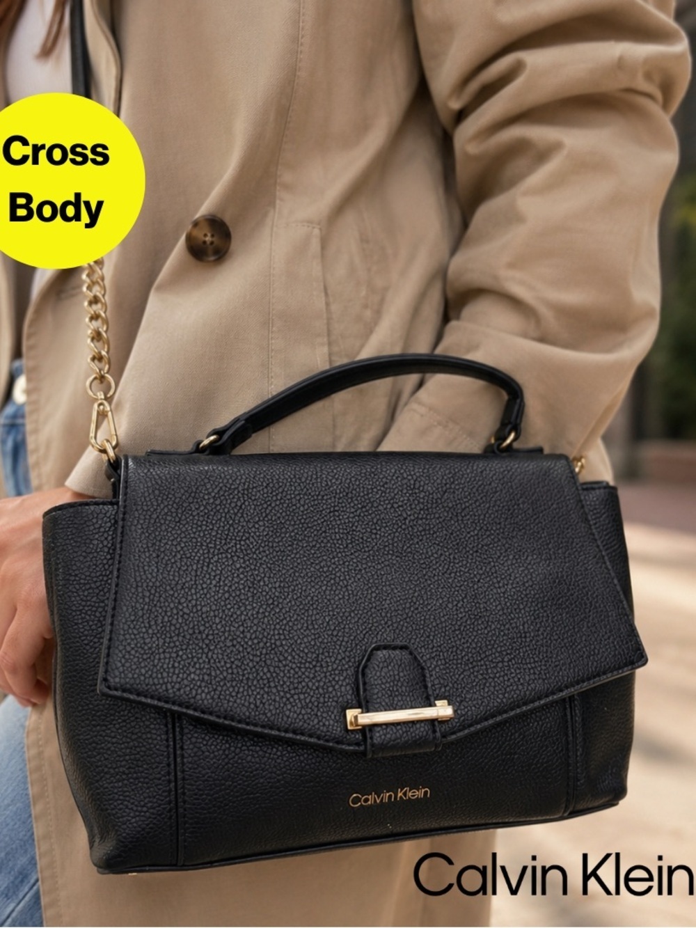 CALVIN KLEIN 🖤 Black Pebbled Leather Crossbody & Handle  Purse, Gold Chains